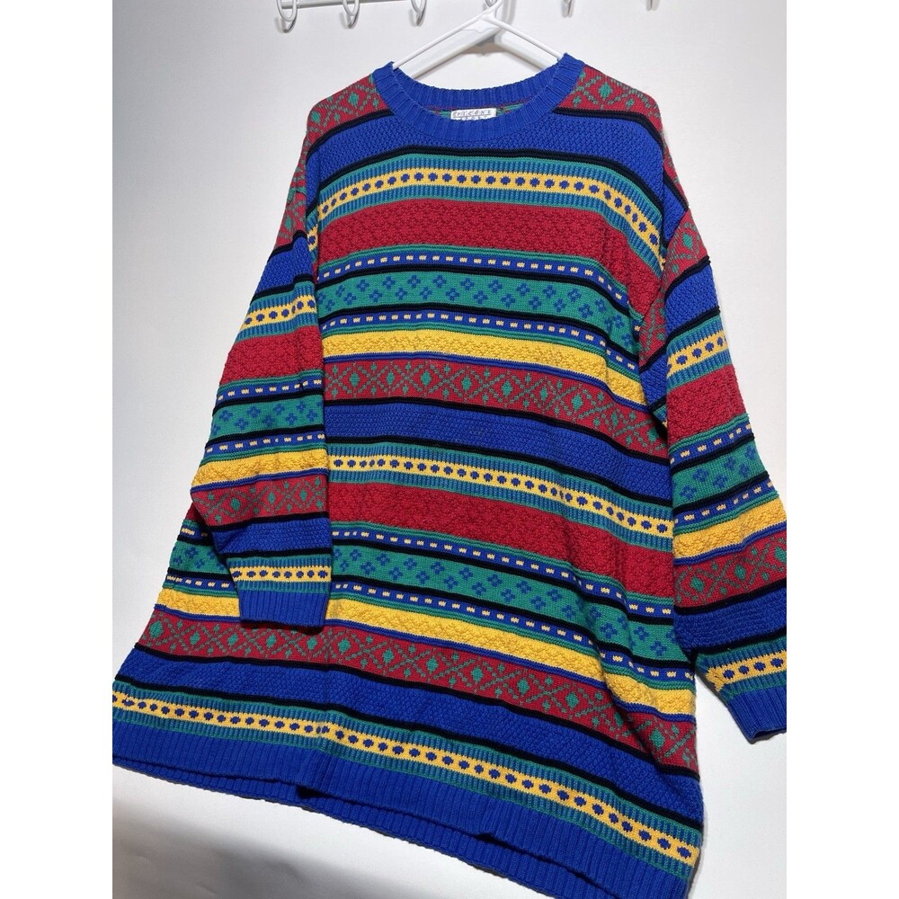 Vtg Picone Sport Bright Stripes Tunic Sweater Sz 3X Plus Blue Beach Grandma